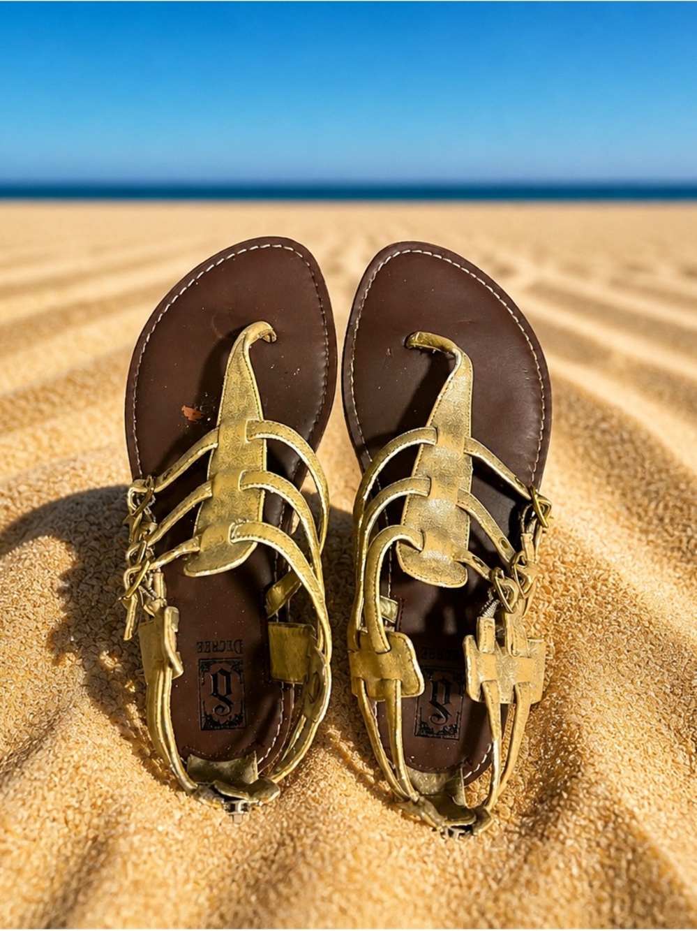 Decree Gold Metallic Strappy Sandal with Brown Footbed
